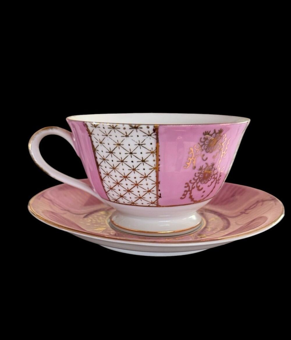 VTG TILSO Hand Painted Tea Cup Saucer Porcelain Star Gold Filigree Cottagecore